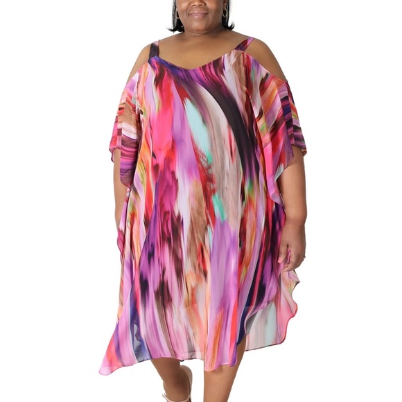 Signature by Robbie Bee Dresses & Skirts - Purple Cold Shoulder Sheer Lined Tie Dye Flutter Sleeve V Neck Maxi Party Dress